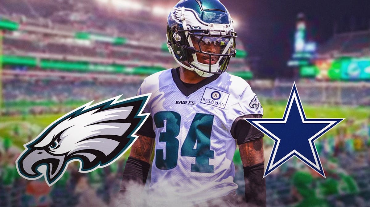 Philadelphia Eagles logo on left side, Eagles cornerback Isaiah Rodgers in center, Dallas Cowboys logo on right side, Lincoln Financial Field (home stadium of the Philadelphia Eagles) in background