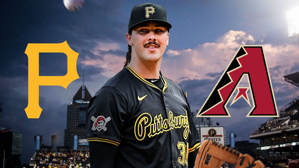 Pittsburgh Pirates logo on left side, Pirates starting pitcher Paul Skenes in center, Arizona Diamondbacks logo on right side, PNC Park (home stadium of the Pittsburgh Pirates) in the background