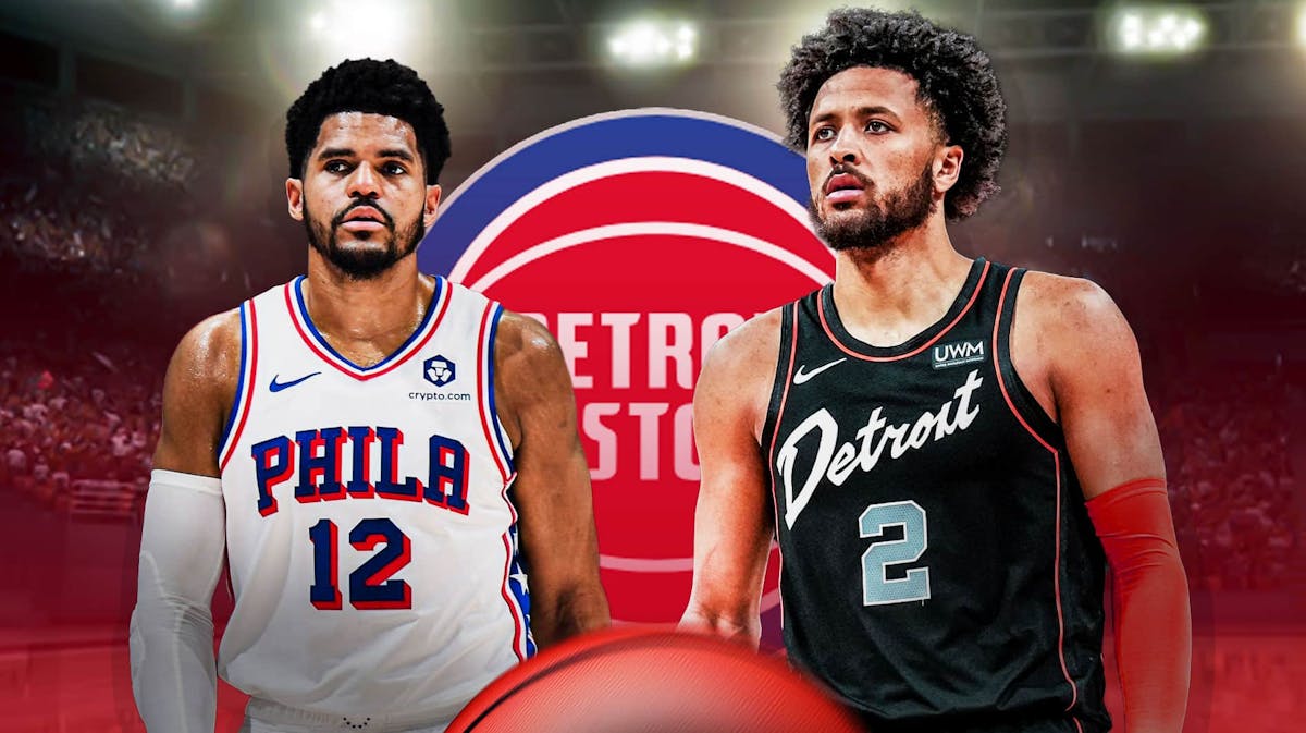 Cade Cunningham, Tobias Harris beside each other, Detroit Pistons wallpaper in the background