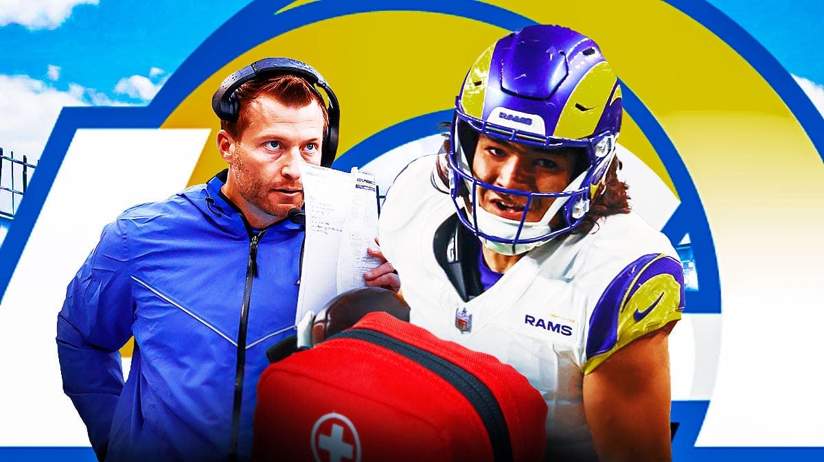 Los Angeles Rams wide receiver Puka Nacua with an injury symbol next to Rams head coach Sean McVay. There is also a logo for the Los Angeles Rams.