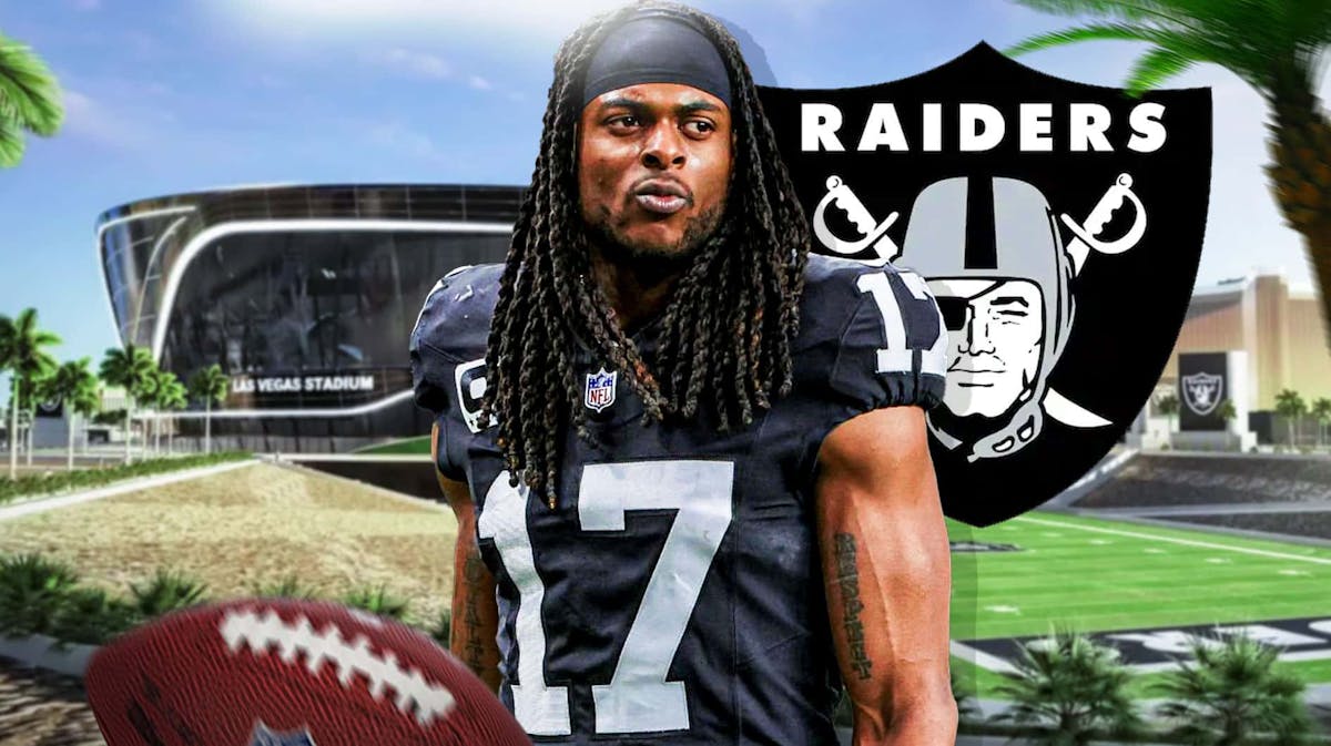 Davante Adams in front of Raiders logo