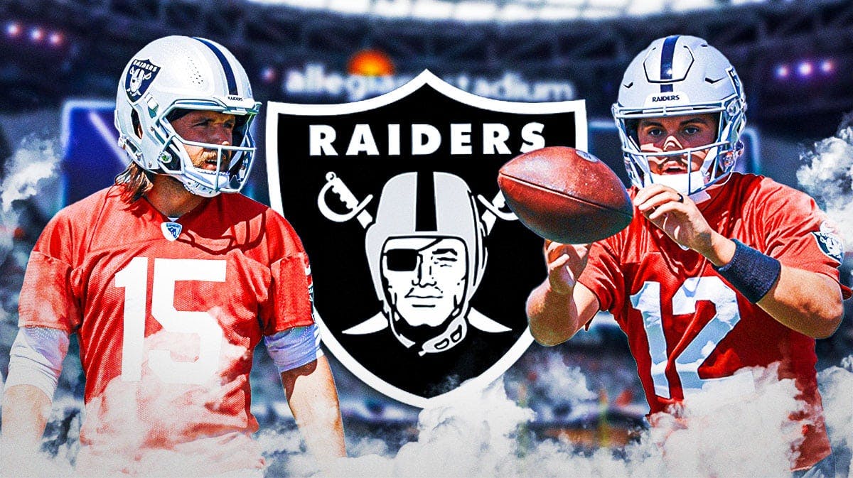 Las Vegas Raiders logo in center, Raiders quarterback Gardner Minshew on left side, Raiders quarterback Aidan O'Connell on right side, Allegiant Stadium (home stadium of the Las Vegas Raiders) in background