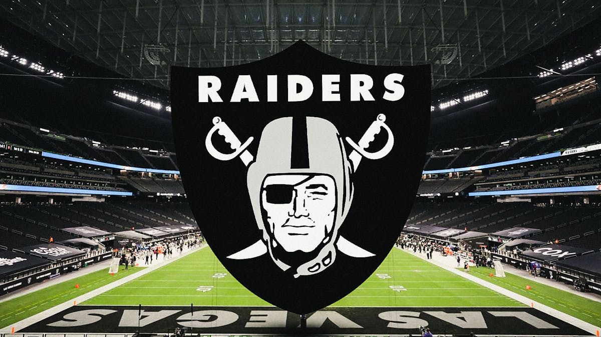 Raiders logo sits in front of Allegiant stadium, Antonio Pierce, Gardner Minshew in background