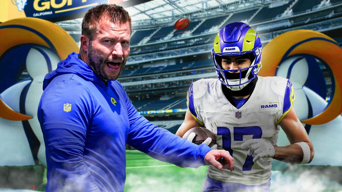 Los Angeles Rams head coach Sean McVay and star Puka Nacua in front of SoFi Stadium.