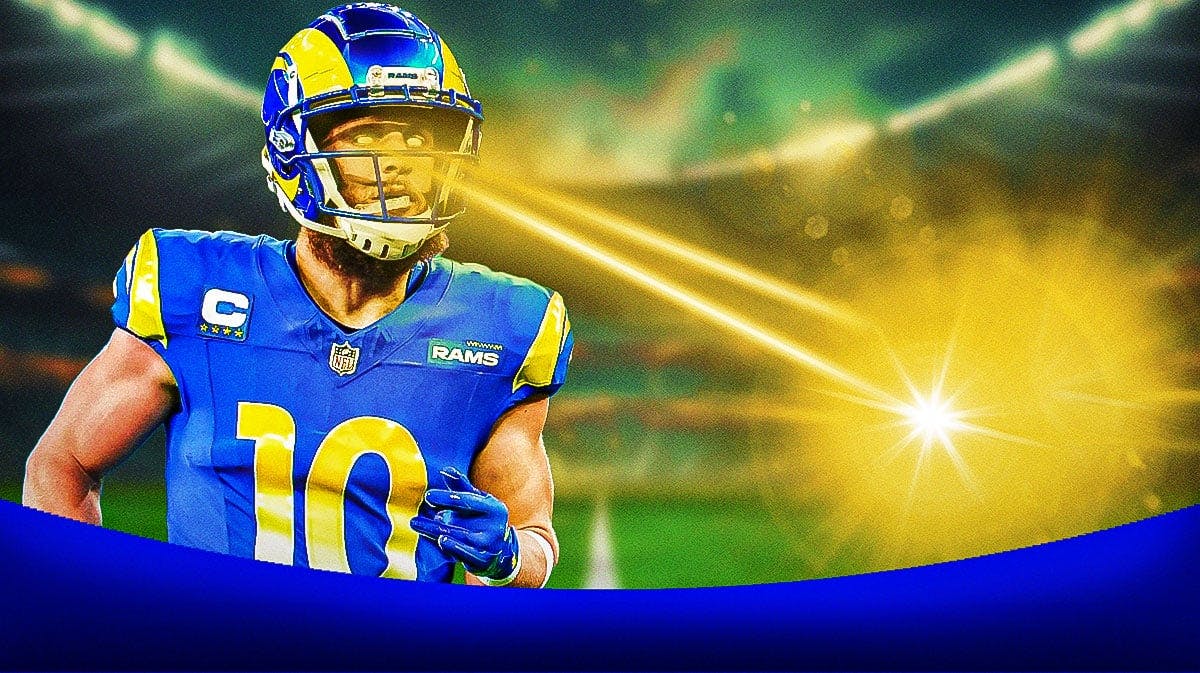 Rams' Cooper Kupp with laser eyes, SoFi Stadium in back