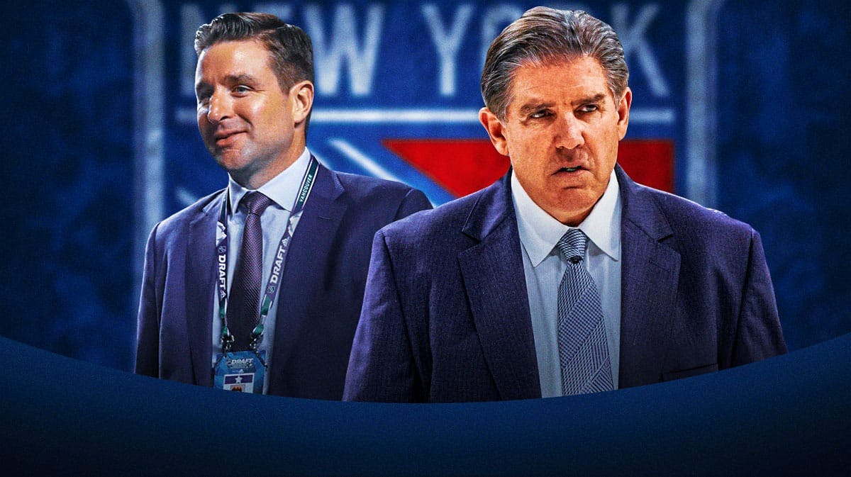 peter laviolette and chris drury in front of a new york rangers logo