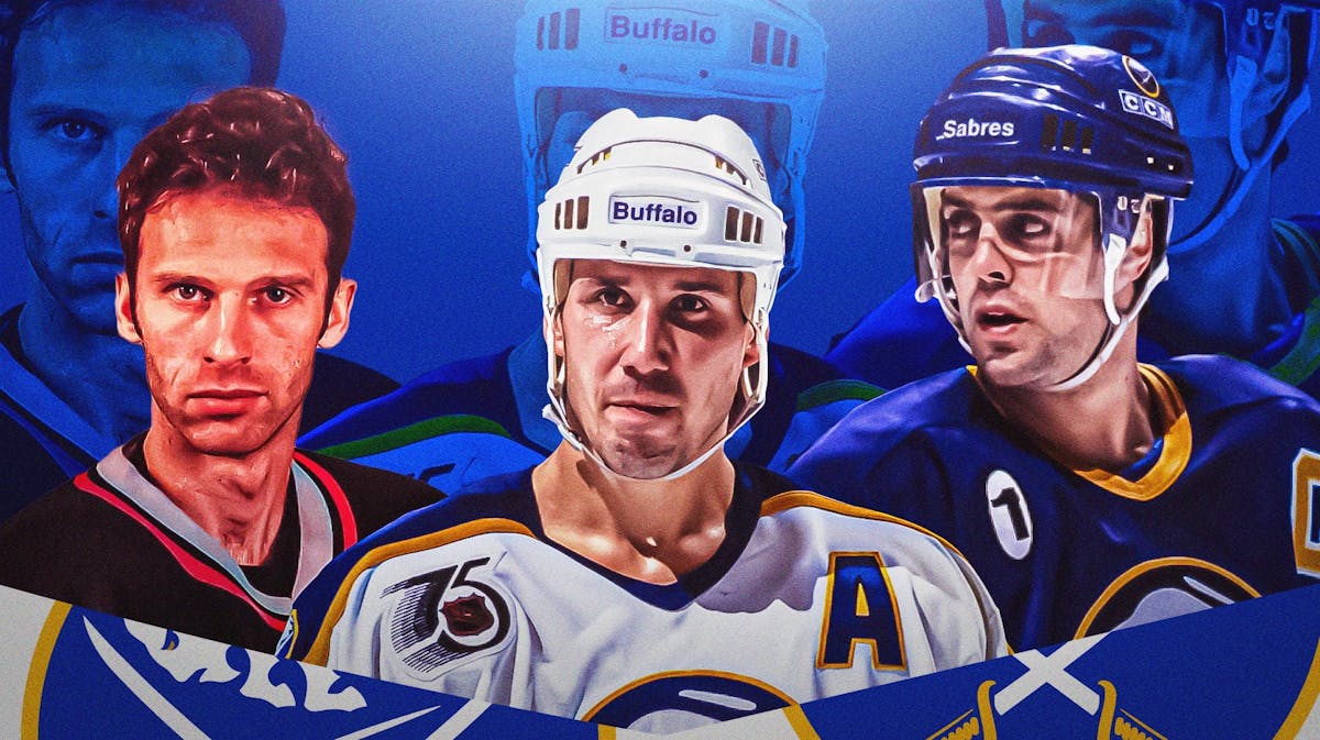 Dominik Hasek, Pat LaFontaine, and Dave Andreychuk all in sabres jerseys