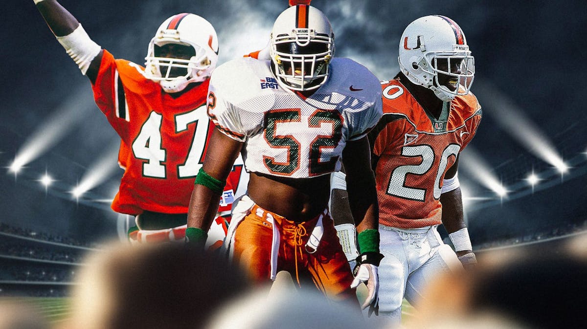Miami Hurricanes football players, all in Miami uniform: Michael Irvin, Ed Reed, Ray Lewis.