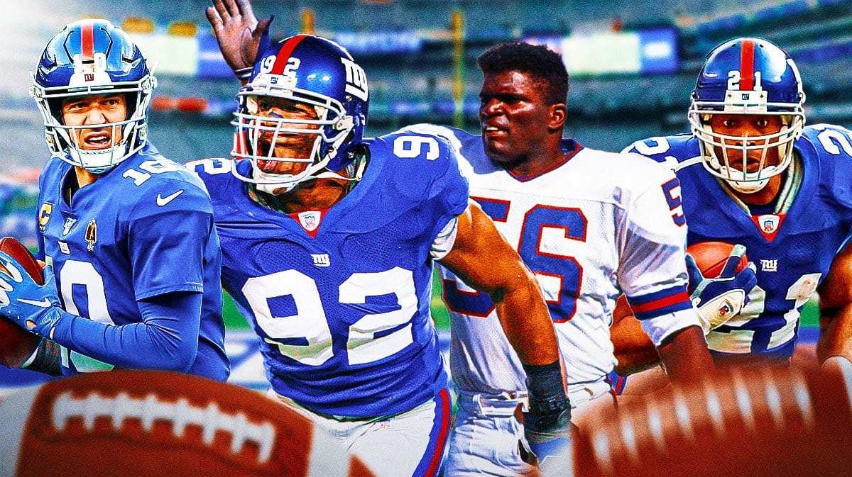 Eli Manning, Lawrence Taylor, Tkik Barber, Michael Strahan, all as Giants and all in action.