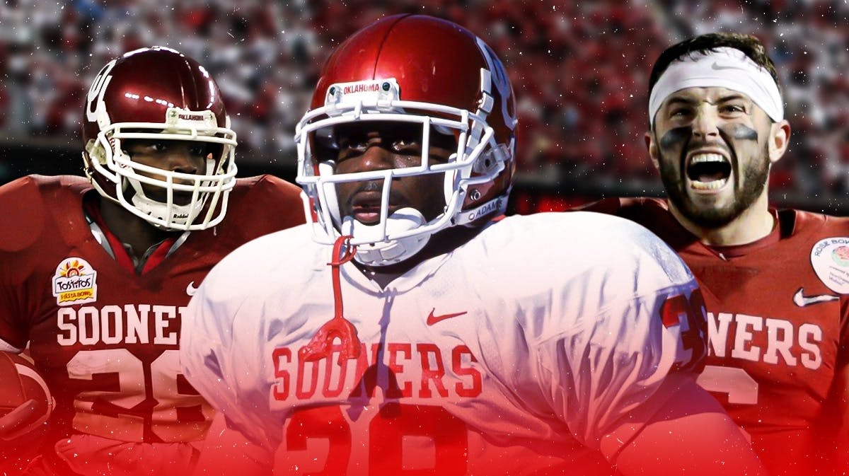 Oklahoma Sooners football players, all in Oklahoma uniforms: Adrian Peterson, Baker Mayfield, Roy Williams