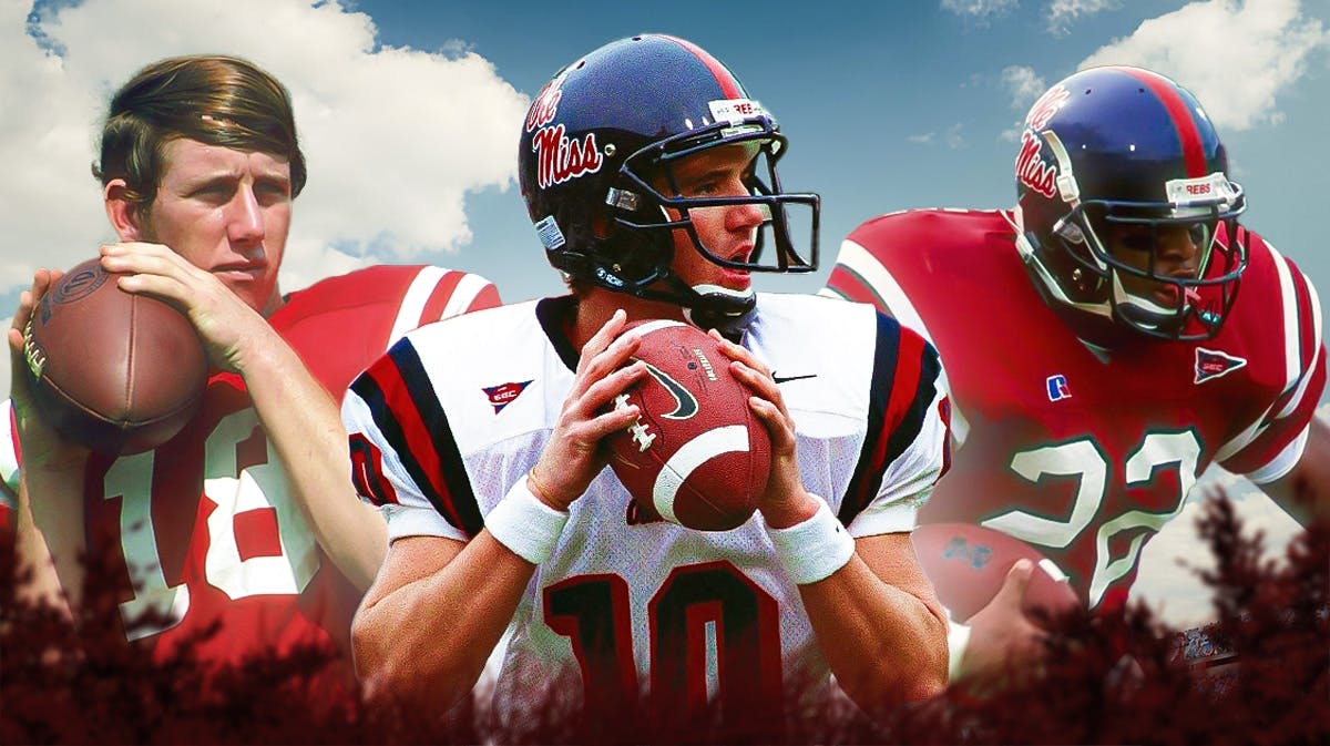 Ole Miss football players, all in Ole Miss uniforms, Archie Manning, Eli Manning, Deuce McCallister