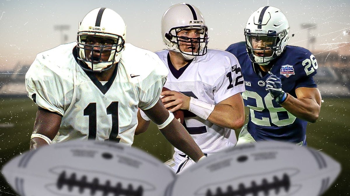 Penn State football players, all in uniform, LaVar Arrington, Kerry Collins, Saquon Barkley