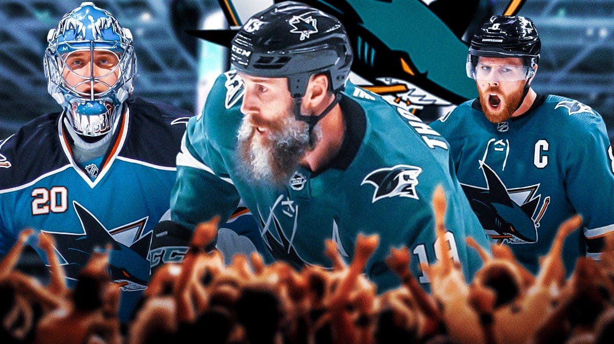 Joe Thornton, Evgeni Nabakov, and Joe Pavelski in Sharks jerseys in front of Sharks logo