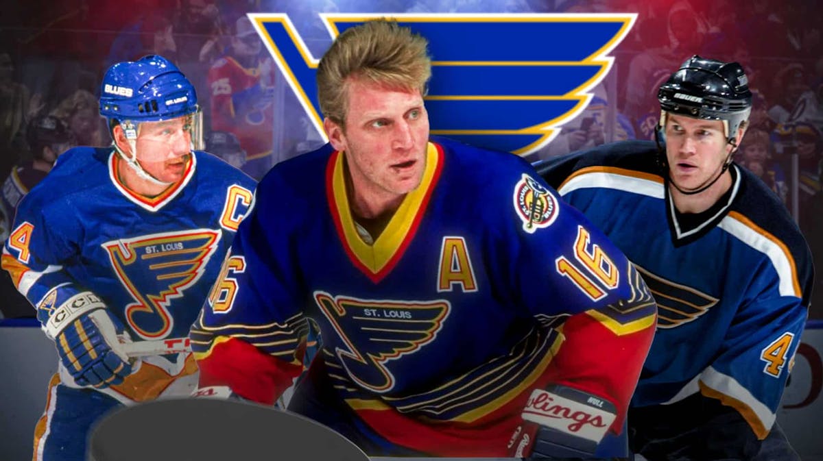 Bernie Federko, Brett Hull, and Chris Pronger in front of Blues logo