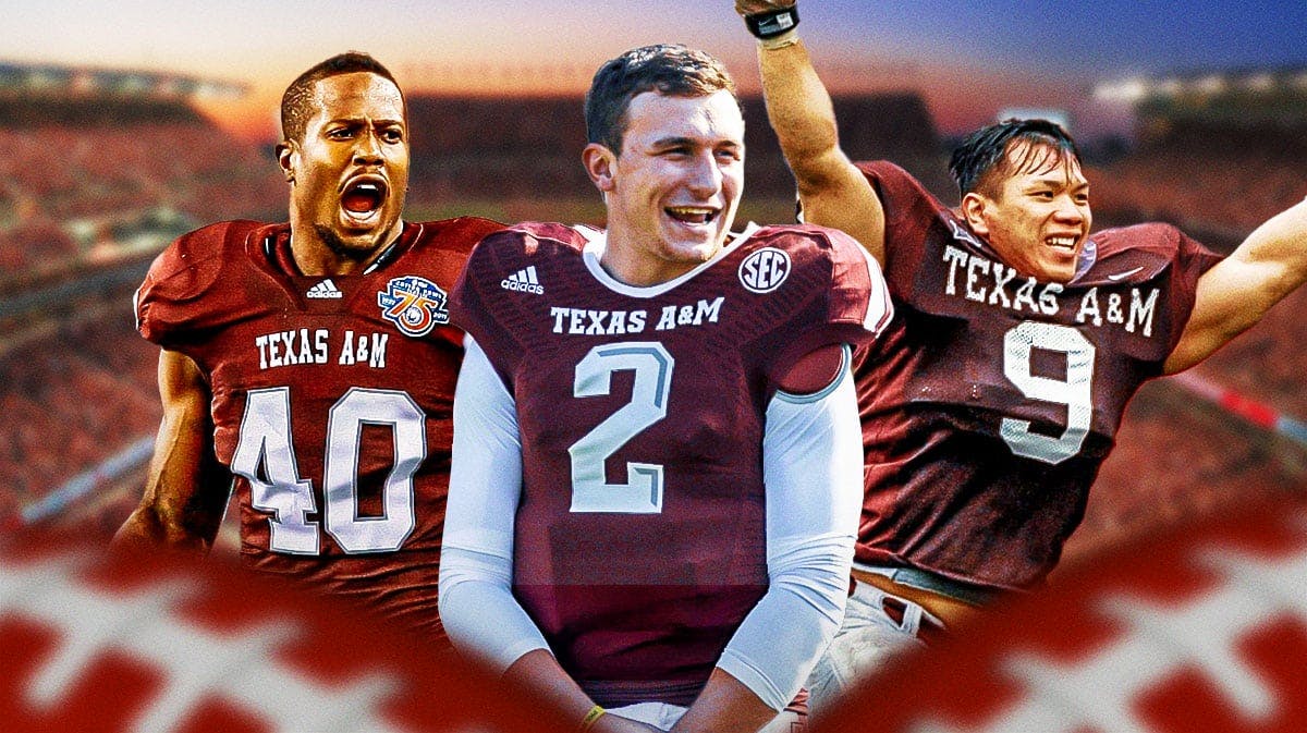 Texas A&M football players, in Aggies uniform, Johnny Manziel, Von Miller, Dat Nguyen.