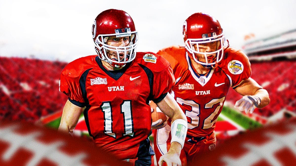 Utah Utes football players, all in Utah uniforms: Alex Smith and Eric Weddle.