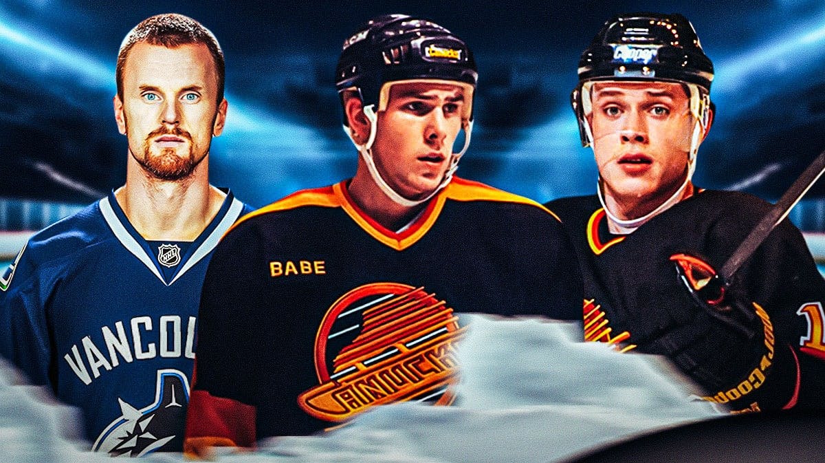 Daniel Sedin, Pavel Bure, and Trevor Linden all in Canucks jerseys in front of Canucks logo