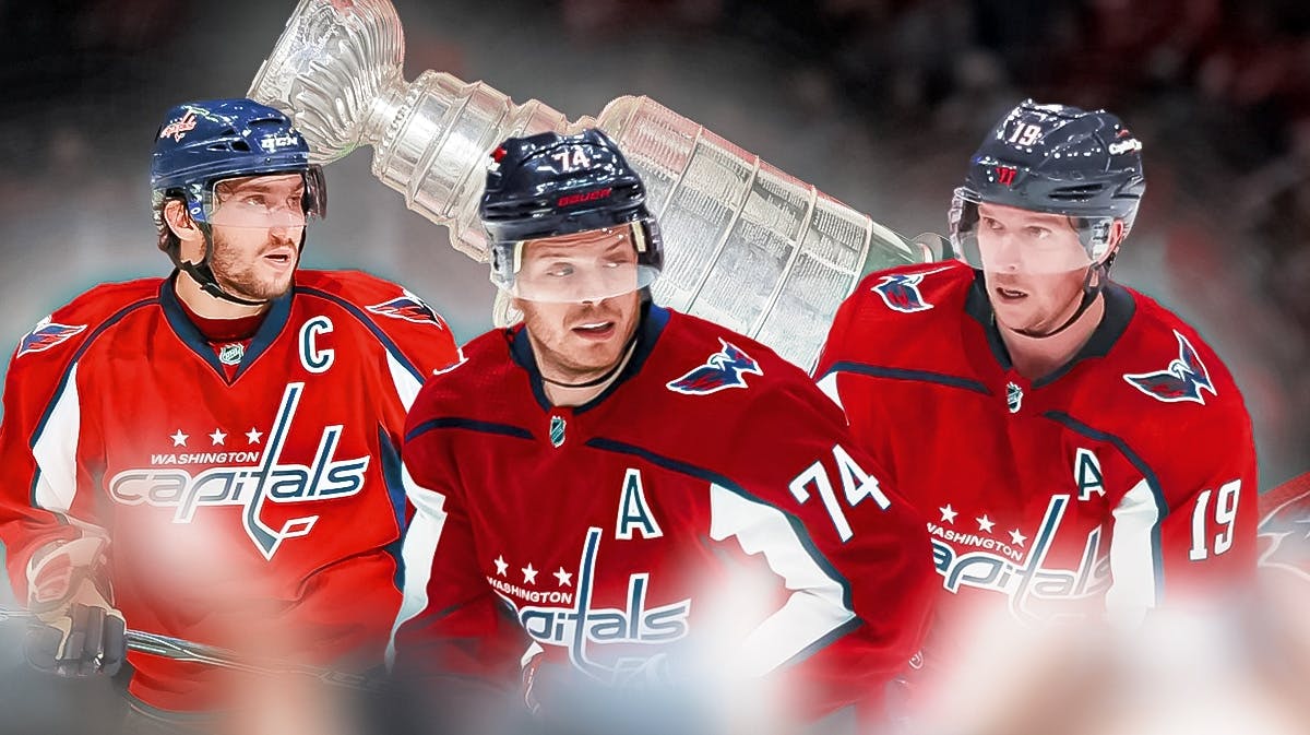 Alex Ovechkin, John Carlson, and Nicklas Backstrom all in Capitals jerseys. Stanley Cup in back