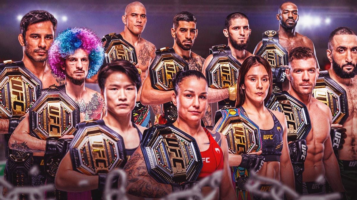 Alexandre Pantoja, Sean O'Malley, Ilia Topuria, Islam Makhachev, Belal Muhammad, Dricus du Plessis, Alex Pereira, Jon Jones, Alex Grasso, Zhang Weili, Raquel Pennington all together. All preferably with their championship belts. Maybe have a UFC octagon as the background.