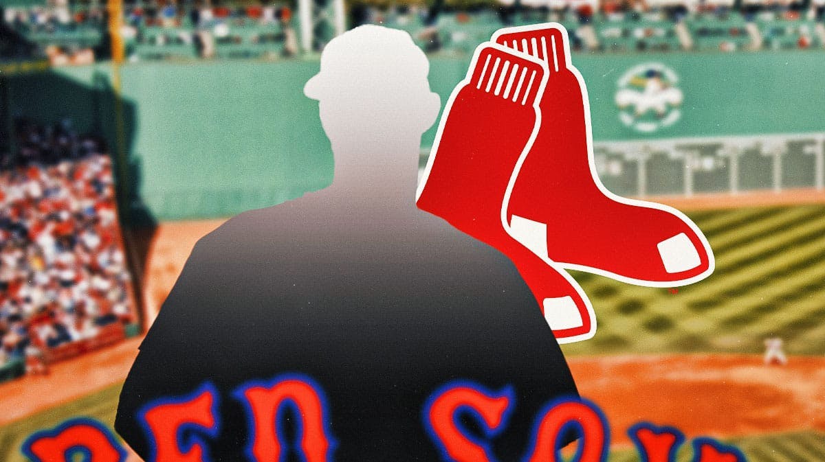 Silhouette of Red Sox pitcher Chris Martin in front of Red Sox logo
