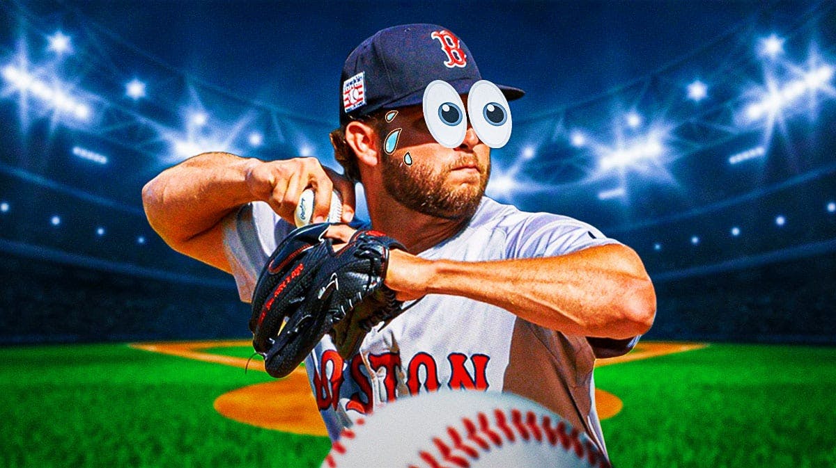 Kutter Crawford in a Boston Red Sox uniform with big cartoon eyes and sweat drops dripping from his head as he's stressed and worried about how many home runs he's given up, even breaking a MLB record for home runs surrendered.