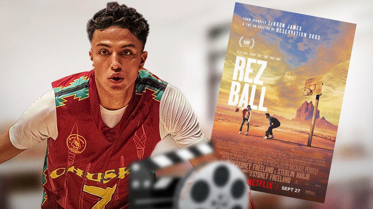 Kauchani Bratt in Netflix LeBron James-produced Rez Ball next to poster.