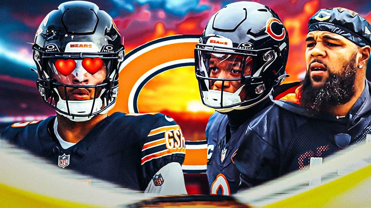 Chicago Bears rookie WR Rome Odunze with heart emojis over his eyes. He is next to Bears WR DJ Moore and Keenan Allen. There is also a logo for the Chicago Bears.