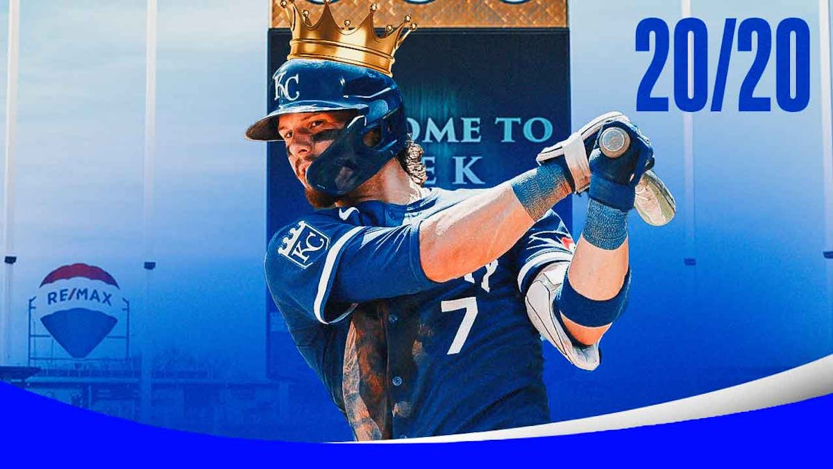 Bobby Witt Jr. batting in a Kansas City Royals uniform with a gold crown on his head and the numbers 20/20 in the corner as Bobby Witt became the first player to ever hit 20 home runs and steal 20 bases in first three seasons - setting the MLB record.