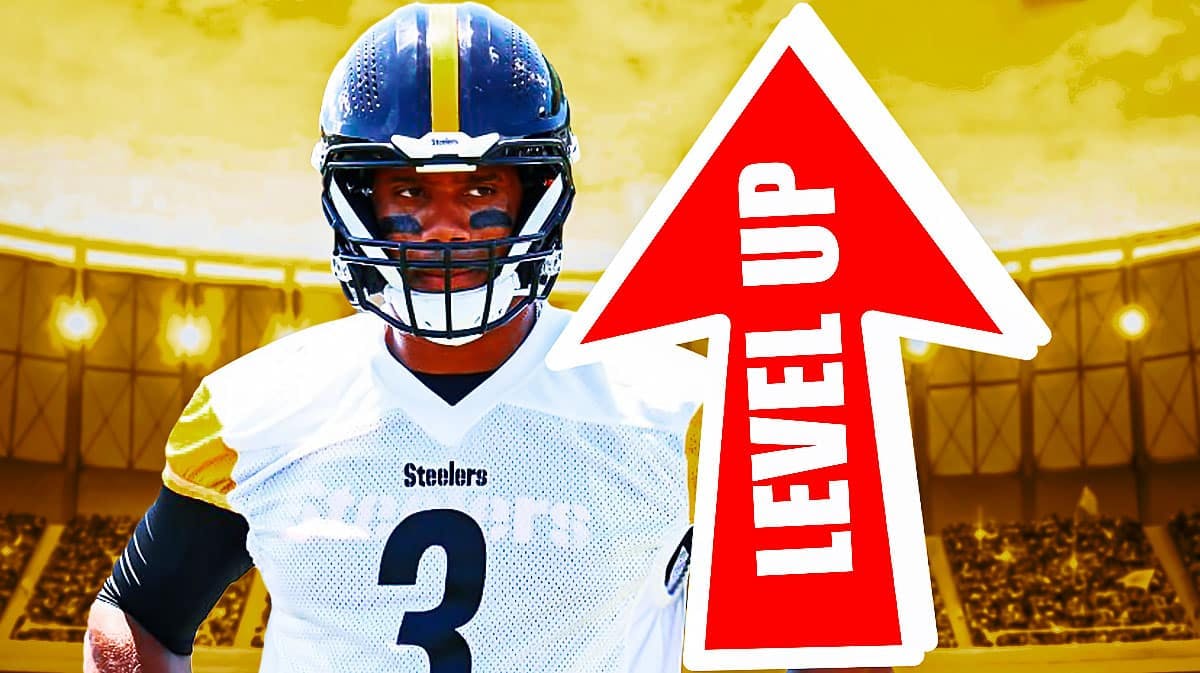 Russell Wilson with an arrow next to him that has text on it that says "LEVEL UP", featuring a Steelers-colored background.