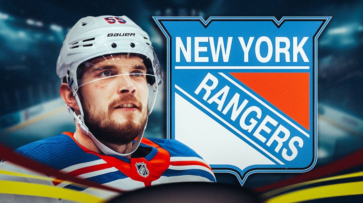 Ryan Lindgren in image looking happy, New York Rangers logo, hockey rink in background