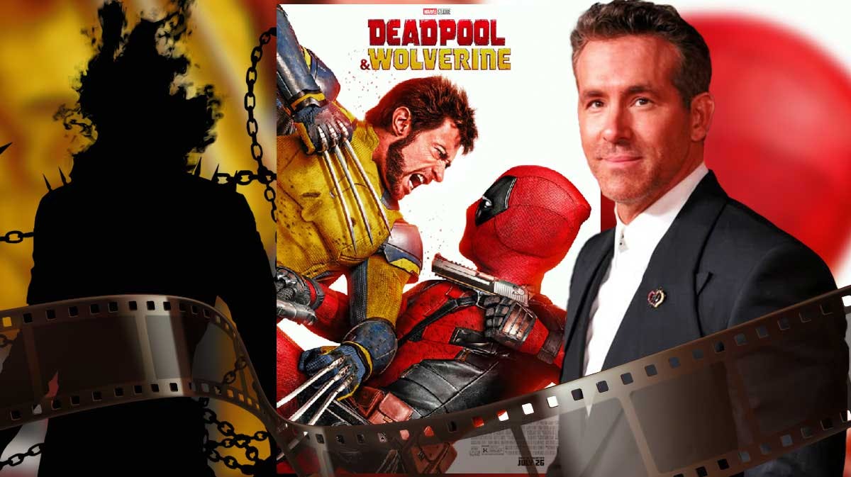 Nicolas Cage as Marel character Ghost Rider next to Ryan Reynolds and Deadpool and Wolverine poster.