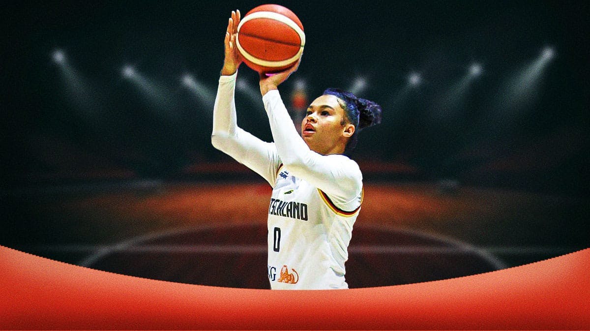 Satou Sabally in a 2024 Team Germany uniform shooting a basketball.