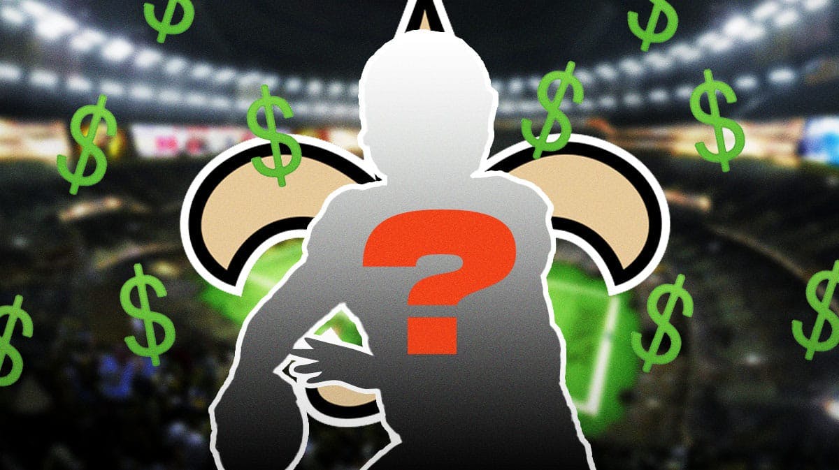 A silhouette of an American football player with a big question mark emoji inside. The silhouette is surrounded by green dollar sign emojis. There is also a logo for the New Orleans Saints.