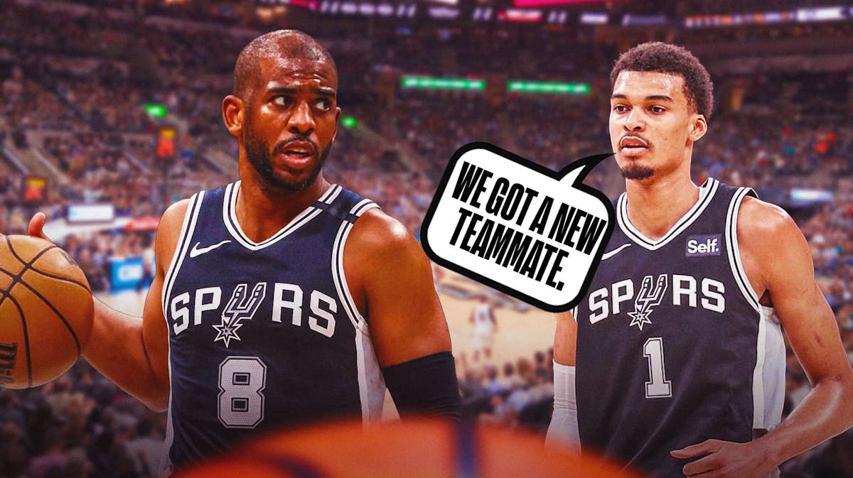 Victor Wembanyama saying: 'We got a new teammate' with Chris Paul alongside him and the San Antonio Spurs arena in the background, NBA free agency signing