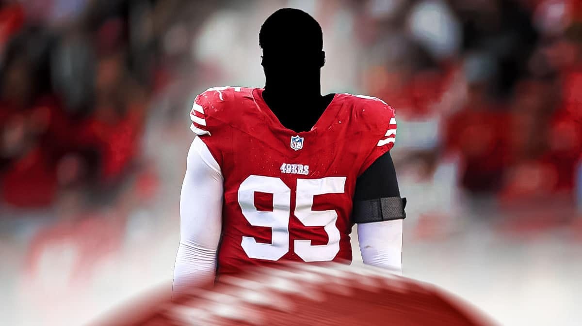 Silhouette of Drake Jackson in 49ers uniform. 49ers logo in the background.