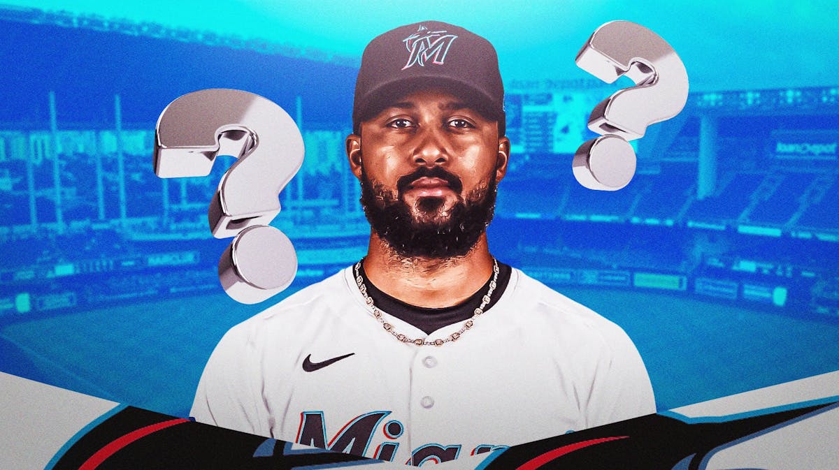 Marlins pitcher Sandy Alcantara with question marks above, LoanDepot Park in back