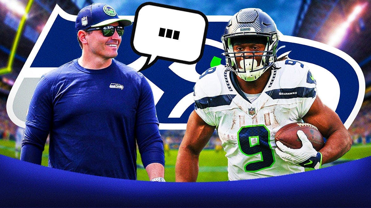 Seattle Seahawks head coach Mike Macdonald with RB Kenneth Walker III. Macdonald has a speech bubble with the three dots emoji inside. There is also a logo for the Seattle Seahawks.