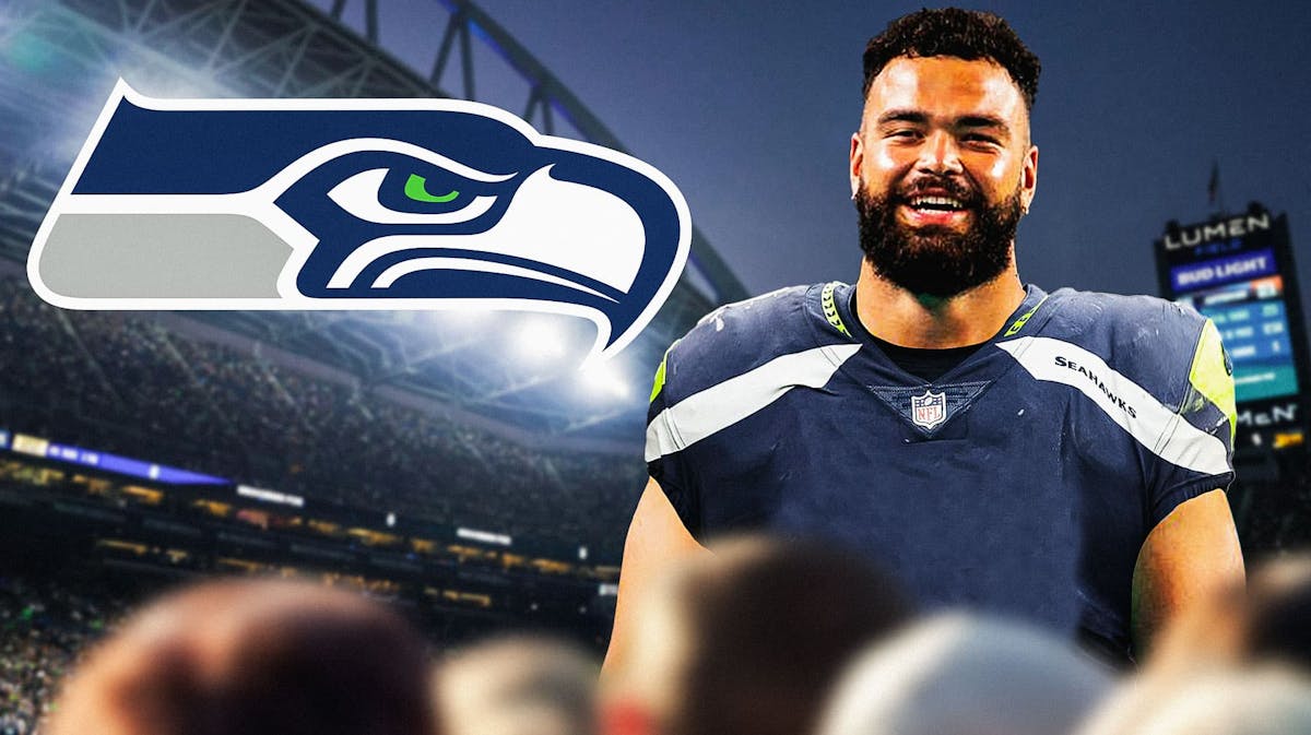 Seattle Seahawks logo on left side, Seattle Seahawks center Connor Williams on right side, Lumen Field (home stadium of the Seattle Seahawks) in background