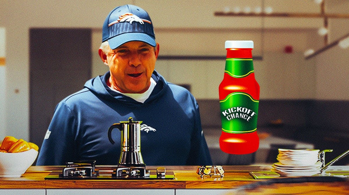Sean Payton cooking in the kitchen, adding a secret sauce labeled "Kickoff Change" with a kitchen background.