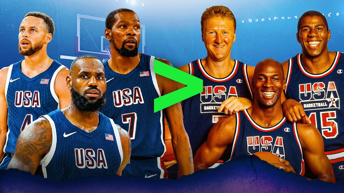 Team USA’s Kevin Durant, LeBron James, and Stephen Curry on the left , with the greater than symbol in the middle , with 1992 Team USA’s Michael Jordan, Larry Bird, and Magic Johnson on the right