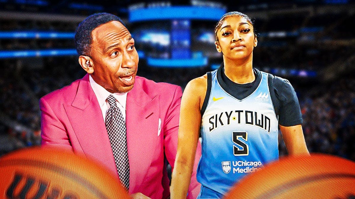 Angel Reese in a Chicago Sky jersey and Stephen A. Smith in a suit with a basketball court in the background.