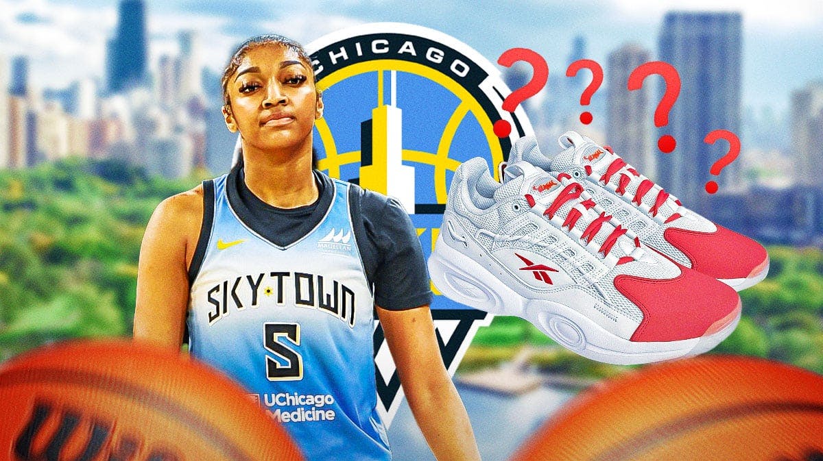 Chicago Sky forward Angel Reese next to a pair of sneakers surrounded by question mark emojis. There is also a logo for the Chicago Sky.