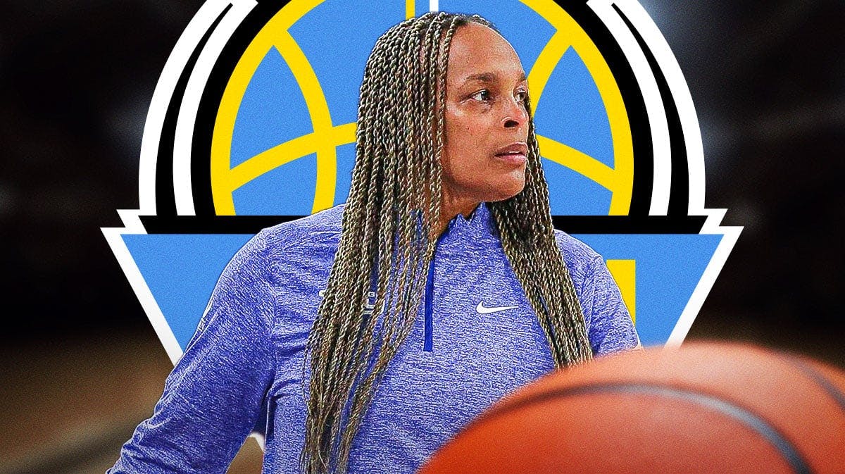 Chicago Sky coach Teresa Weatherspoon looks into distance at Pelicans, Liberty associates, Angel Reese in background