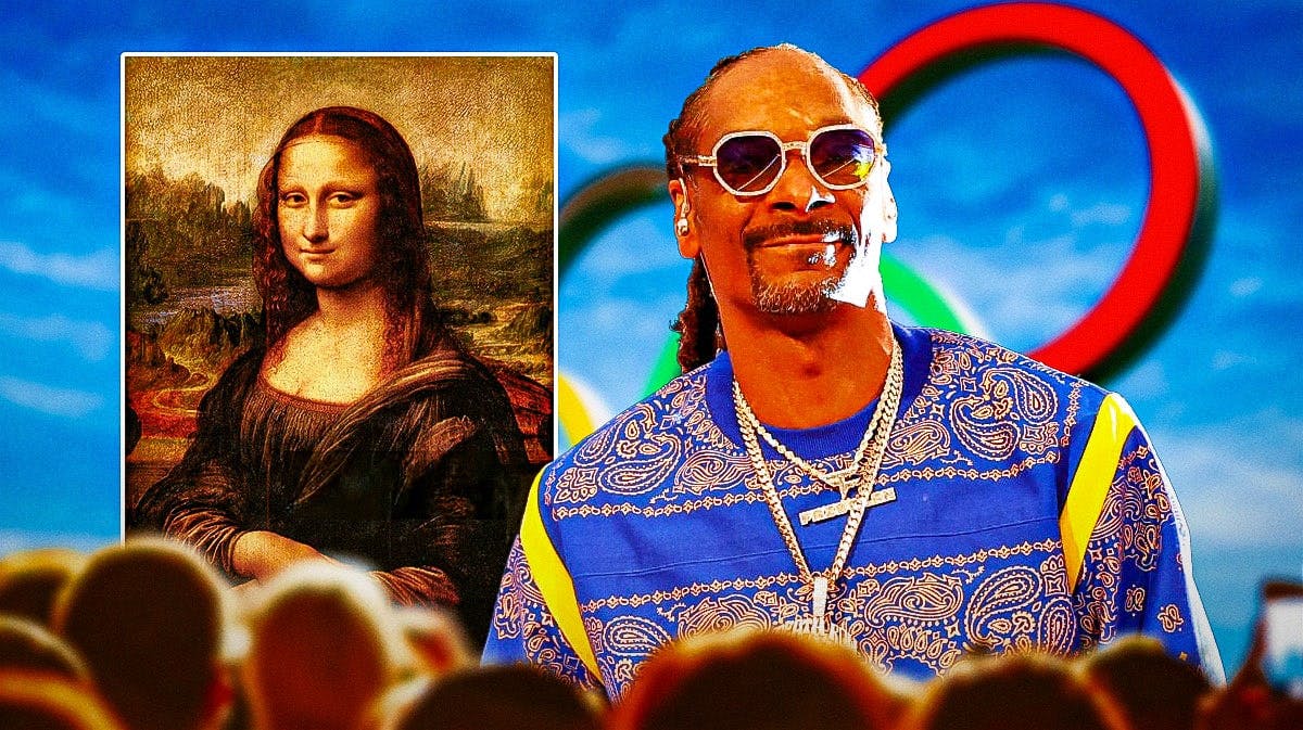 A picture of Snoop Dogg and a picture of Mona Lisa with a Olympic background.