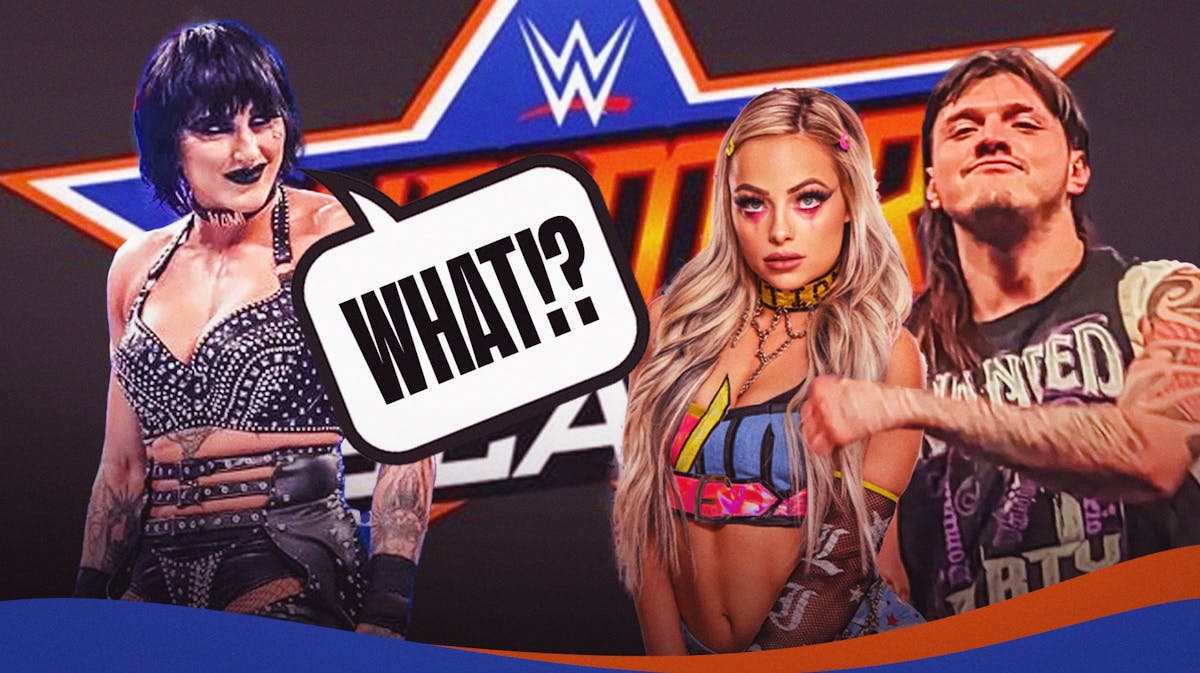 Rhea Ripley on the left with a text bubble reading "What!?" Liv Morgan and Dominik Mysterio coupled together on the right, and the SummerSlam logo as the background.