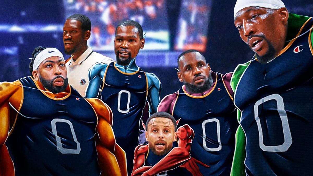 Team USA's Kevin Durant, Stephen Curry, LeBron James, Anthony Davis, and Bam Adebayo as Monstars, with South Sudan's Royal Ivey on the side smiling