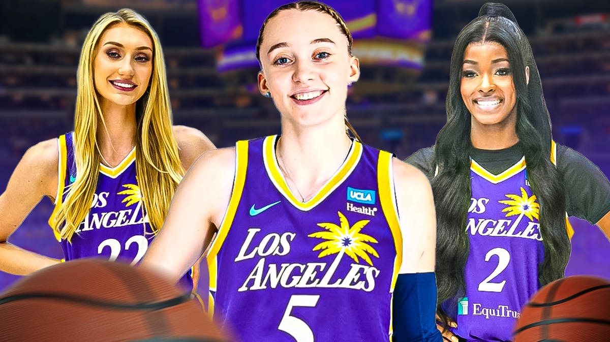 Paige Bueckers in a LA Sparks jersey with Rickea Jackson on one side of her and Cameron Brink on the other side with the LA Sparks arena in the background, WNBA season draft
