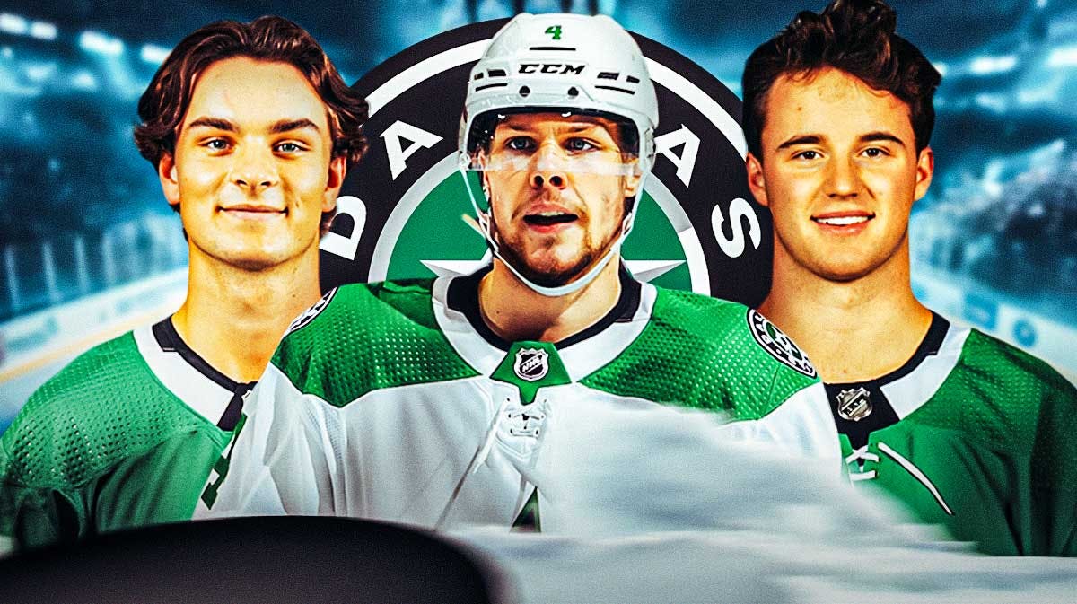 Miro Heiskanen, Jake Oettinger, and Wyatt Johnston in front of a Dallas Stars logo.