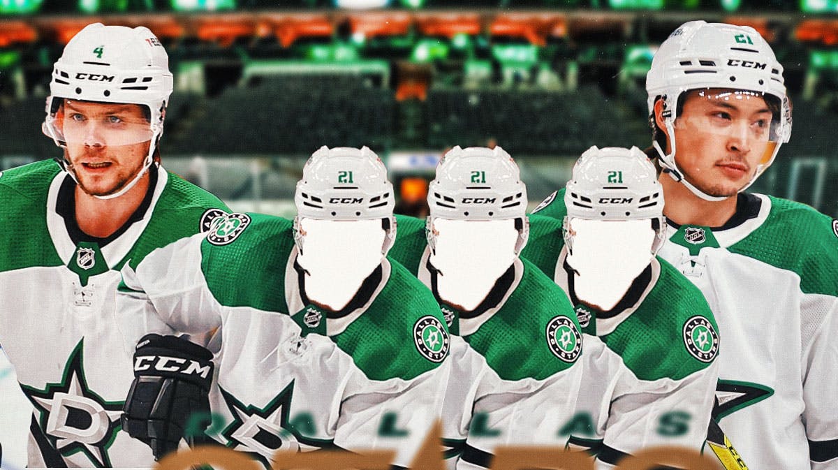 Miro Heiskanen and Jason Robertson on the outside with three Dallas Stars silhouettes in the middle and ice rink in background