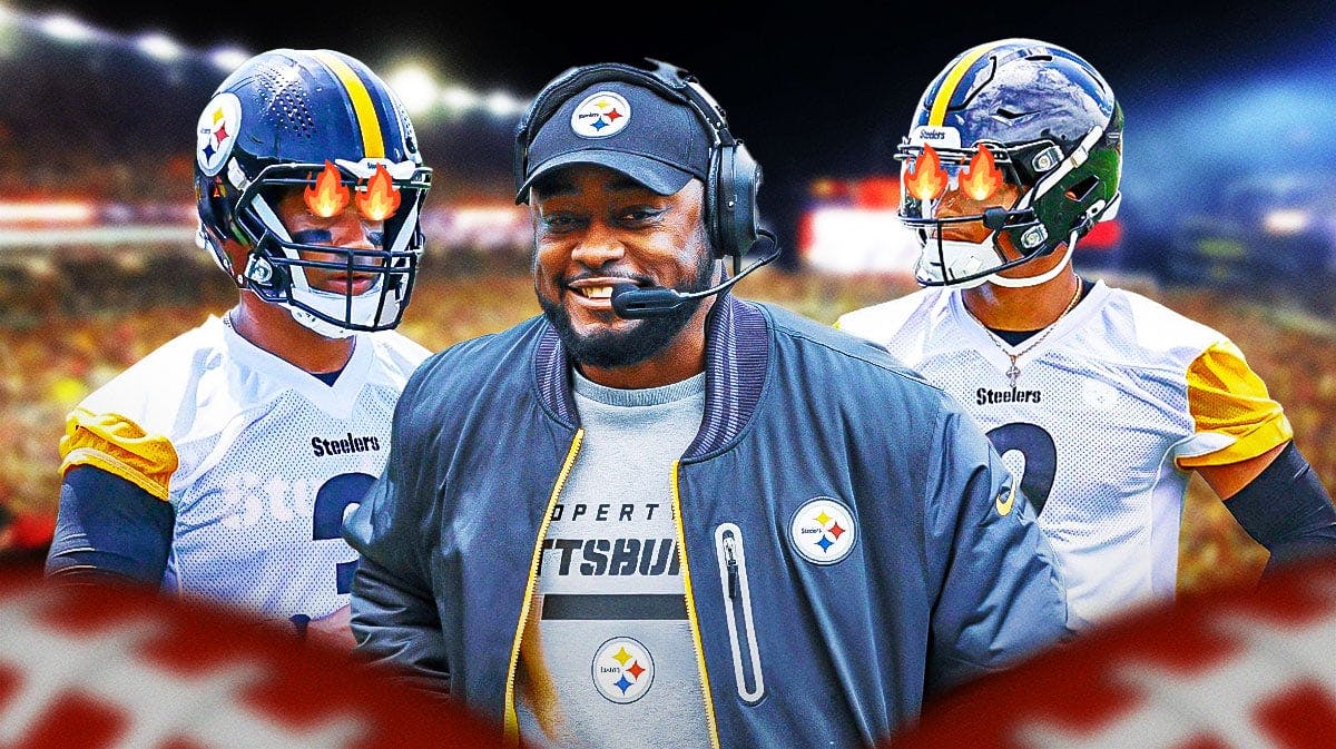 Steelers Mike Tomlin smiling in the middle of Russell Wilson and Justin Fields with fire in their eyes